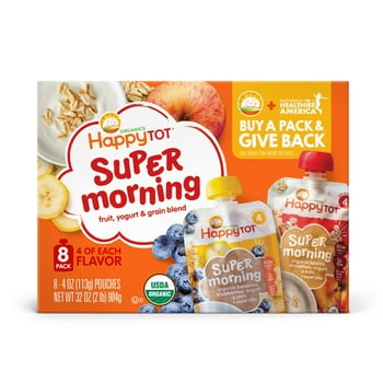 (8 Pouches) Happy Tot s Super Morning Give Back Pack Toddler Food, Stage 4,  Bananas, Blueberries, Yogurt, Oats & Chia,  Apples, Cinnamon, Yogurt, Oats & Chia, 4 oz Pouches