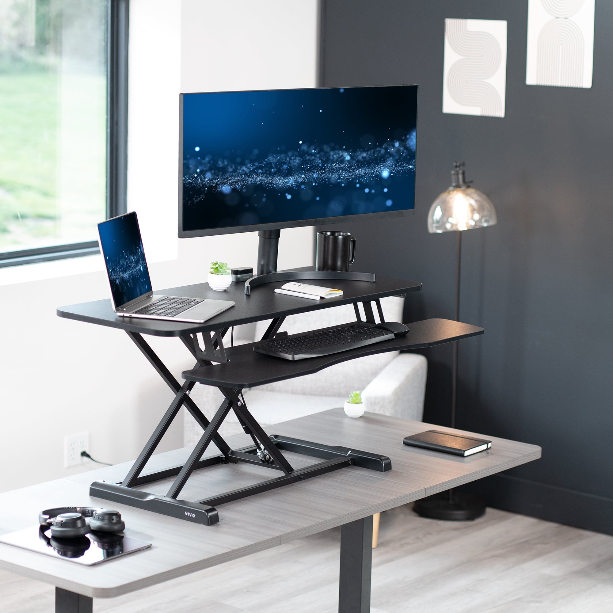 VIVO Black Height Adjustable 42" Standing Desk Monitor Riser, Sit Stand Tabletop
