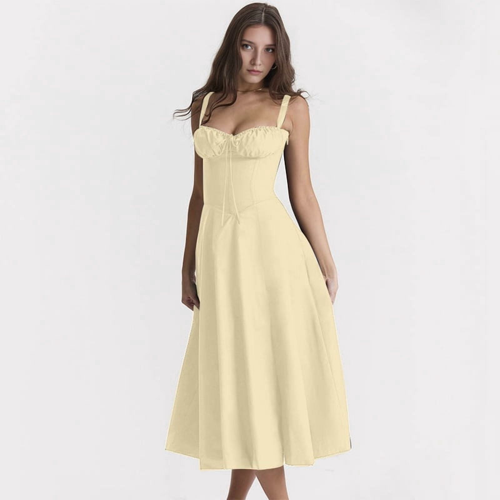 Women'S Summer Midi Corset Boho Dresses Casual Spaghetti Straps Lace Up Dress Flowy Aline Beach Sundress Yellow S