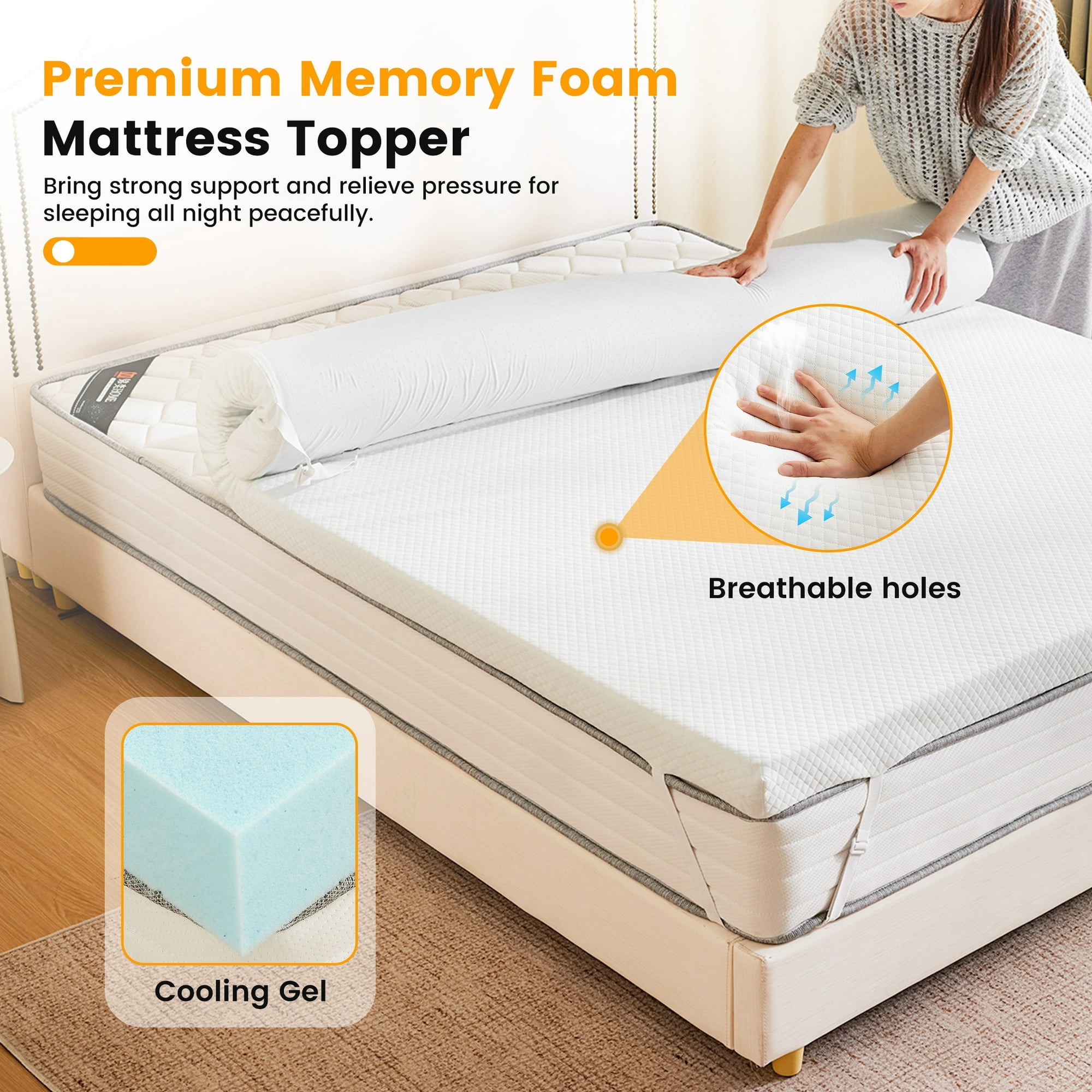 JIOABL Twin Size 2 Inch Cooling Gel Memory Foam Mattress Topper for Relieve Back Pain, Ventilated Design, CertiPUR-US Certified, Removable Plush Cover