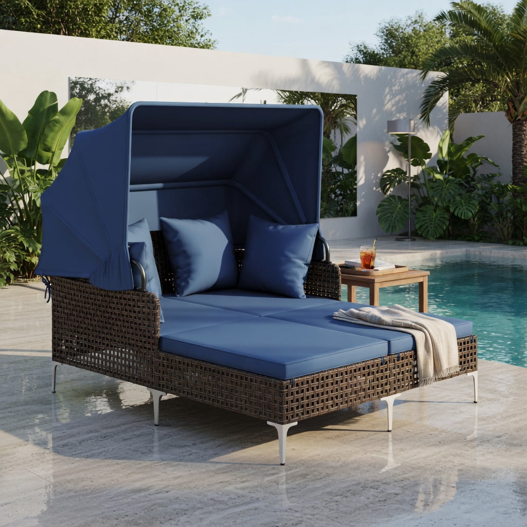 Hommoo Outdoor Daybed with Retractable Sun Canopy, PE Wicker Patio Lounger with Cushions, Ideal for Backyard, Poolside & Garden, Navy