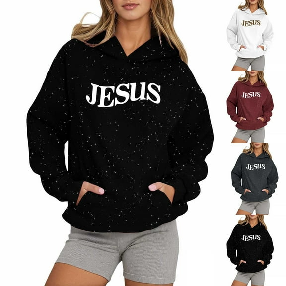Fshinging Oversize Christian Women Hoodie Y2K Fashion Long Sleeve Sparkle Stars Galaxy Pullover Sweatshirt Black L