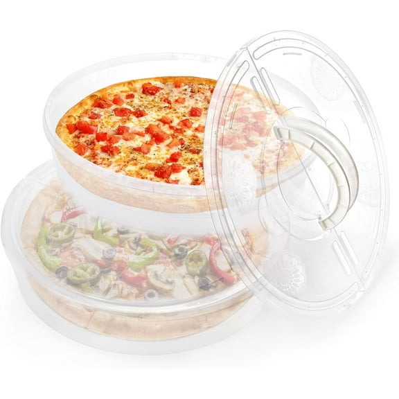 YSTDHL 2 Pack 12 Inch Food Storage Container with Lid and Handle, 2 Compartments Plastic Pie Carrier Pizza Slice Storage Containers, Reusable Round Pie Keeper Holder for Cake Cheesecake Tortilla