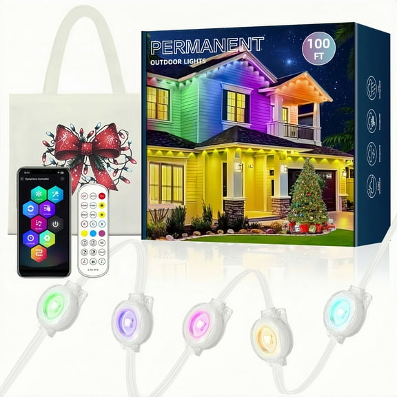 Permanent Outdoor Lights 100ft, RGBWW with IC Smart LED with 60 LED Lights, 50LM, IP68 Waterproof, App & Remote Control for Halloween Christmas Decor, Daily Lighting, Work with Alexa, Google