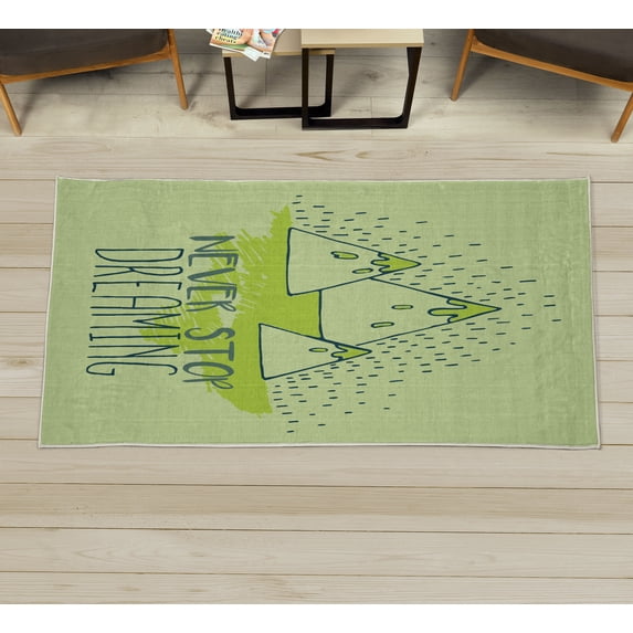Saying Decorative Rug, Mountain Peaks and Never Stop Dreaming Goals Success Aspiration Print, Quality Carpet for Bedroom Dorm and Living Room, 6 Sizes, Avocado Green, by Ambesonne