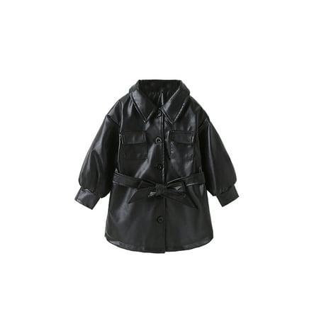 

Bmnmsl Girls PU Jacket Tie-up Button-down Long Sleeve Lapel Outerwear