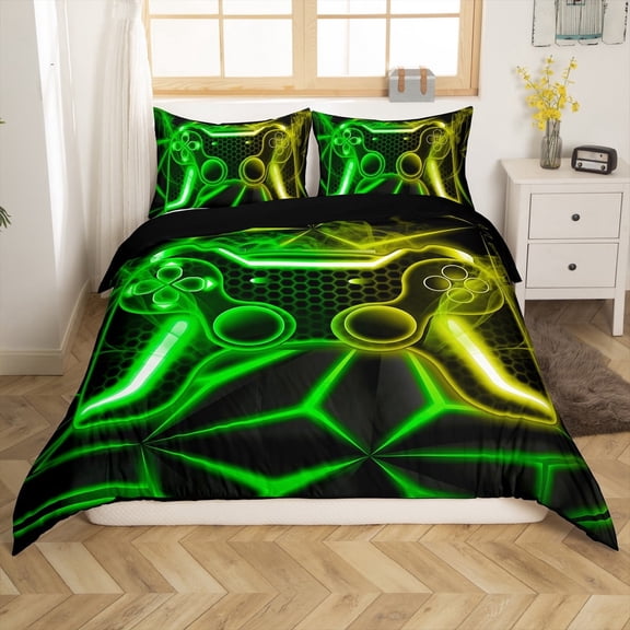 Erosebridal Teens Gamepads Comforter Cover Twin,Green Yellow Bedding Twin Size,Video Game Duvet Cover Twin,Breathable Geometric Room Decor,Reversible,2-Piece(No Comforter)