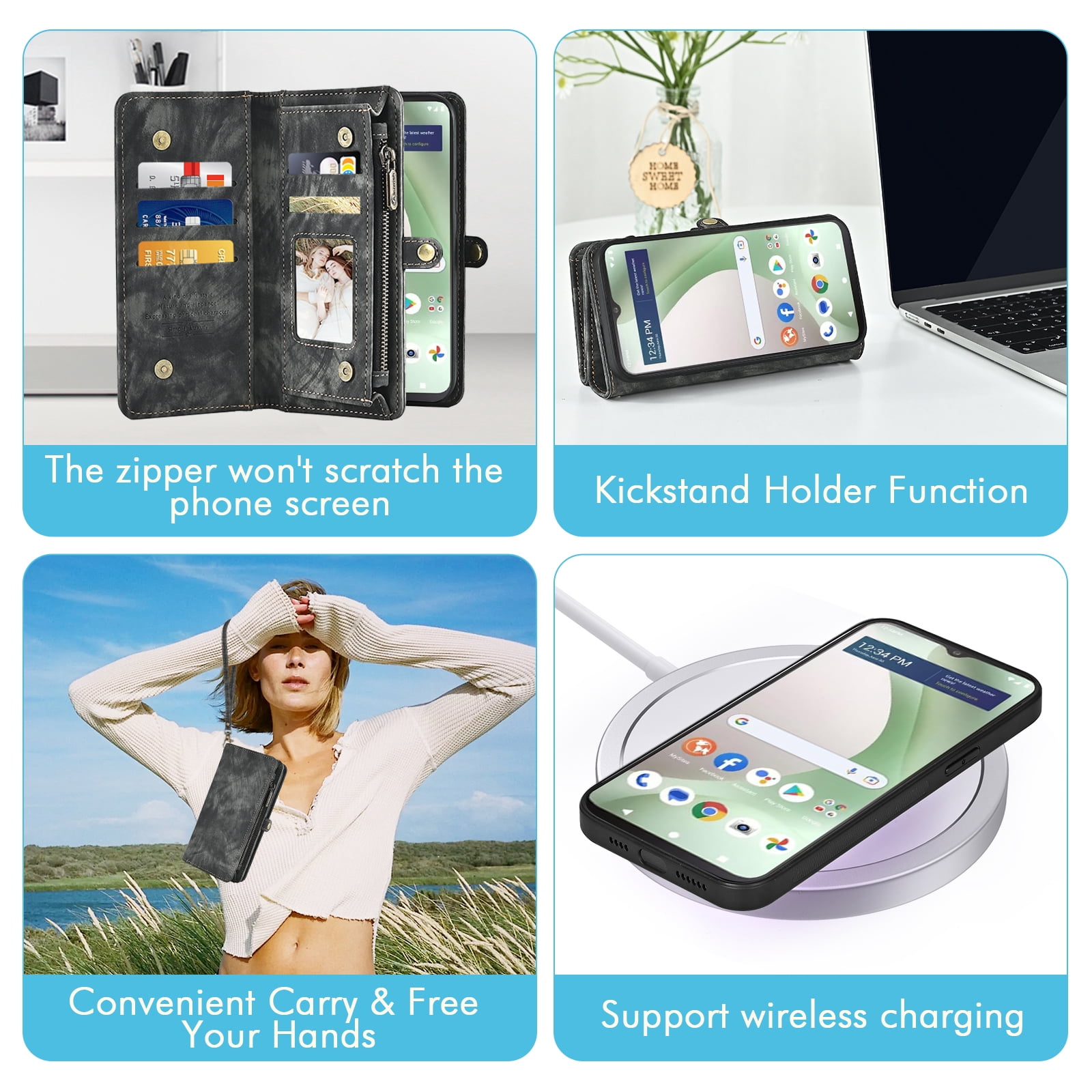 Asuwish Phone Case for Tracfone BLU View 5 B160V Zipper Wallet Detachable Cell Cover with Tempered Glass Screen Protector Crossbody Strap Flip Card Holder Trac Fone BLUE View5 160V 2024 Women Black