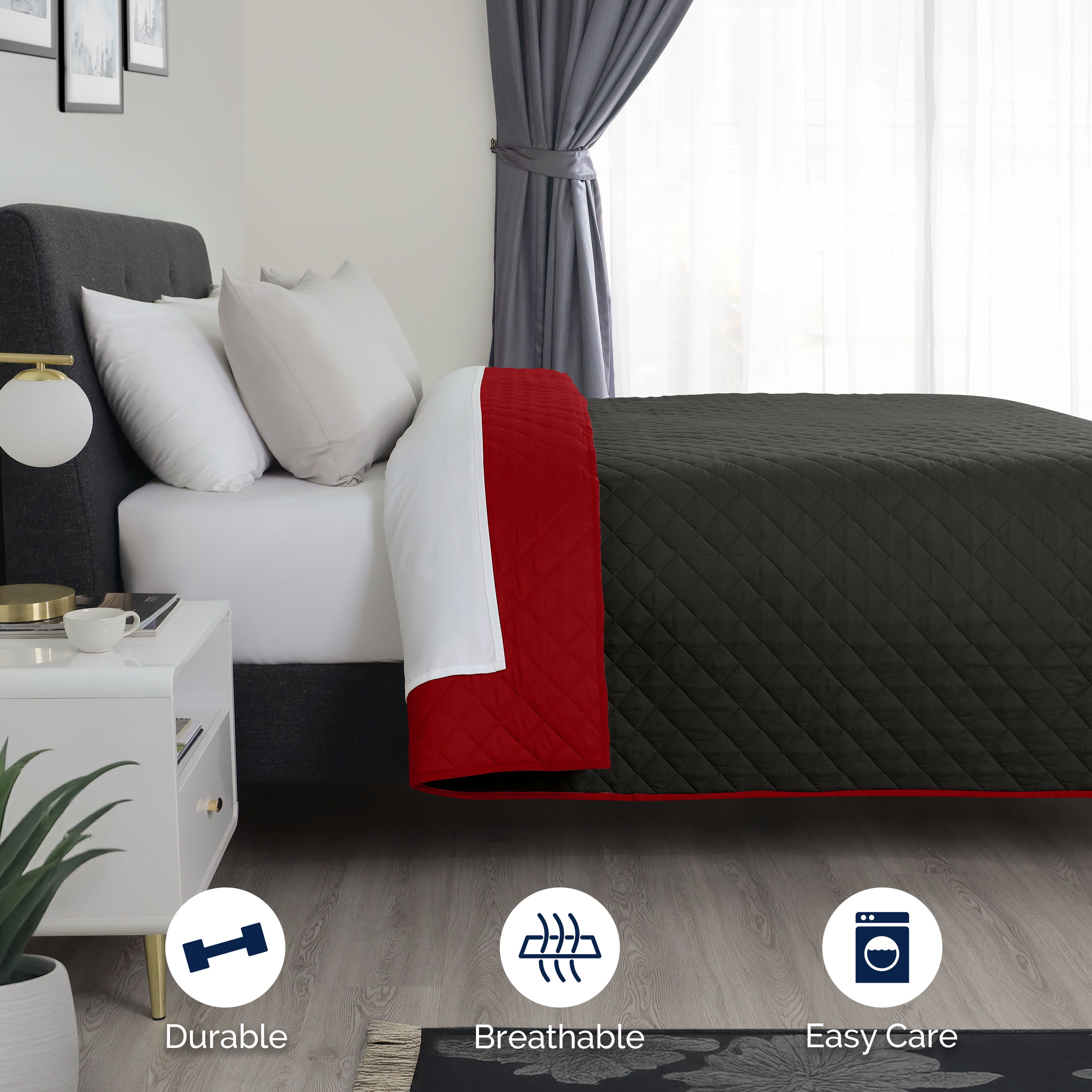 Martex Reversible Microfiber Twin Coverlet, Cozy Lightweight Bedding, Ebony/Red