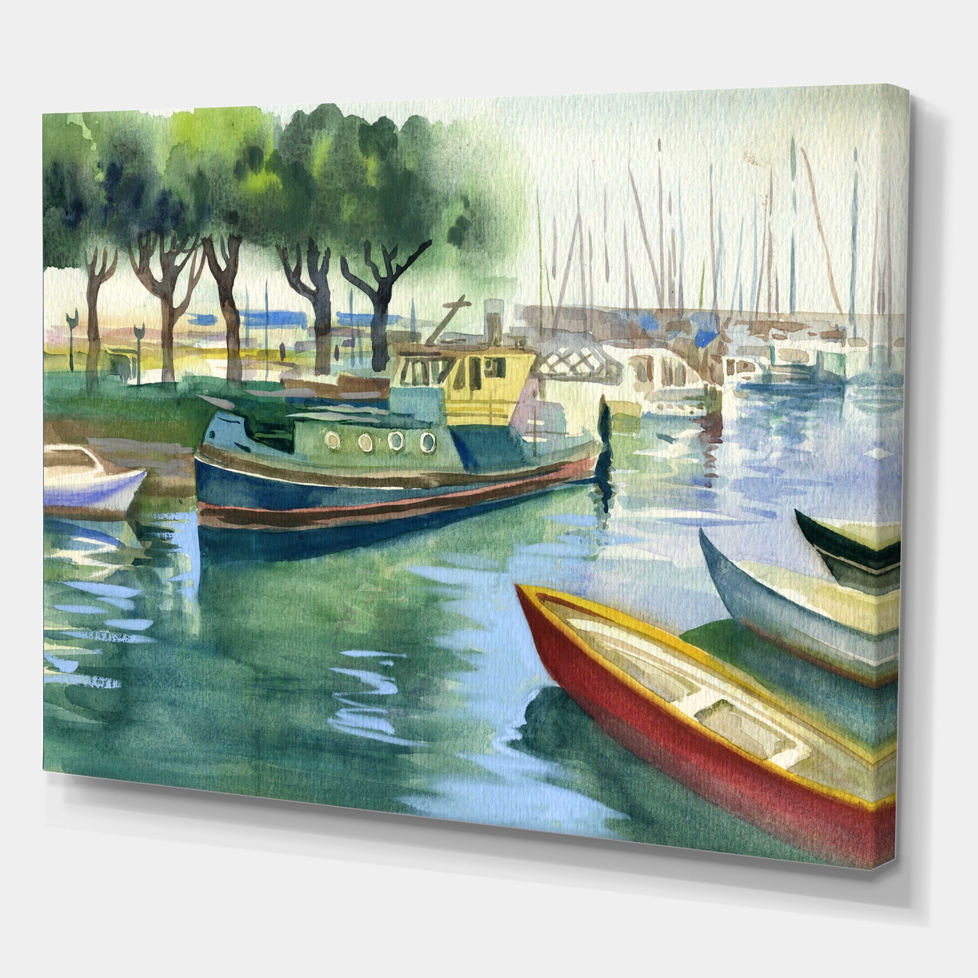Designart ' Boats At The Lake in Green Spring ' Traditional Canvas Wall Art Print