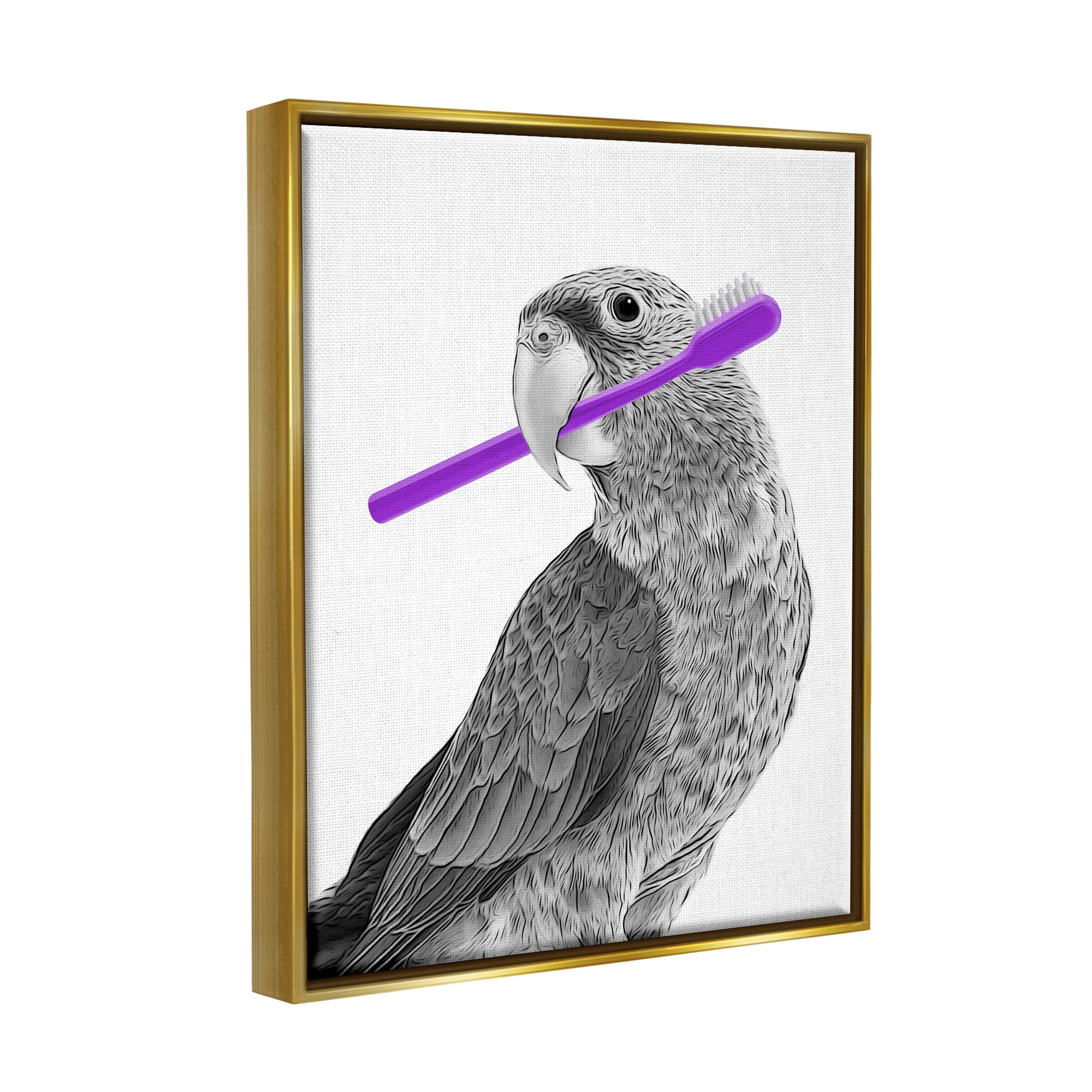 Stupell Industries Parrot With Toothbrush Funny Bird Animals & Insects Painting Gold Floater Framed Art Print Wall Art