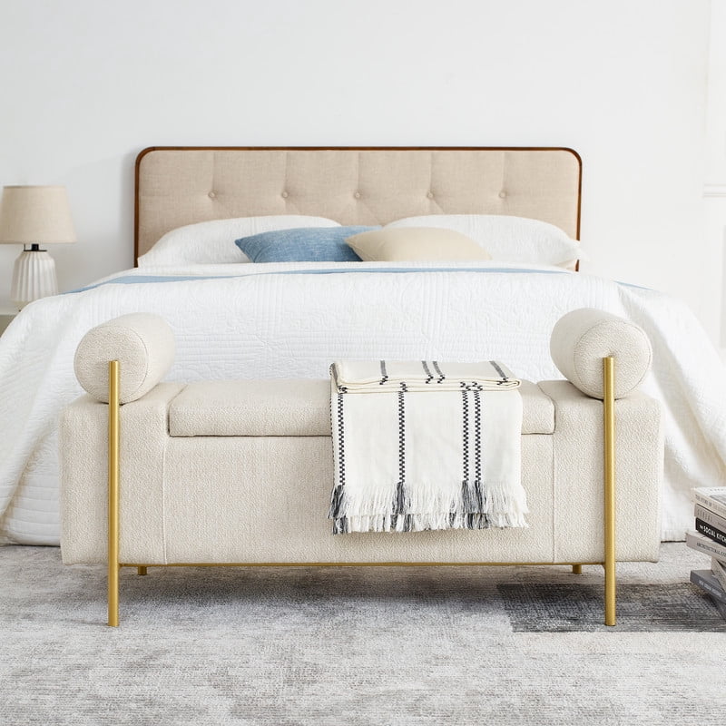 44" Upholstered Storage Bench with Arms and Hidden Storage, Bouclé Fabric Ottoman Bench with Gold Metal Legs, Modern Entryway Bedroom Bench,Beige