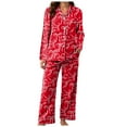 thumbnail image 6 of vigerkar Holiday Cute Bow Pajamas Women Silk Satin Pink Heart Print Pjs 2 Piece Long Sleeve Shirt Matching Lounge Pants Set (Red, XXL), 6 of 6
