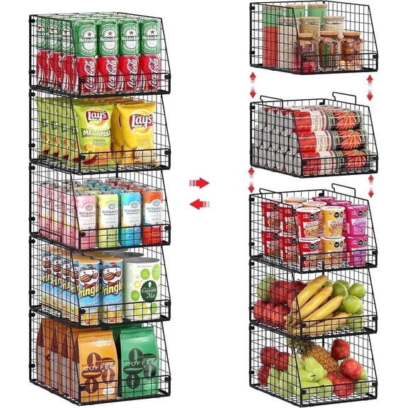X-COSRACK 5-Pack XXL Stackable Wire Storage Baskets, Extra Large Metal Pantry Organizer & Produce Bin with Open Front for Fruit, Vegetables, Snacks and Toys, Foldable