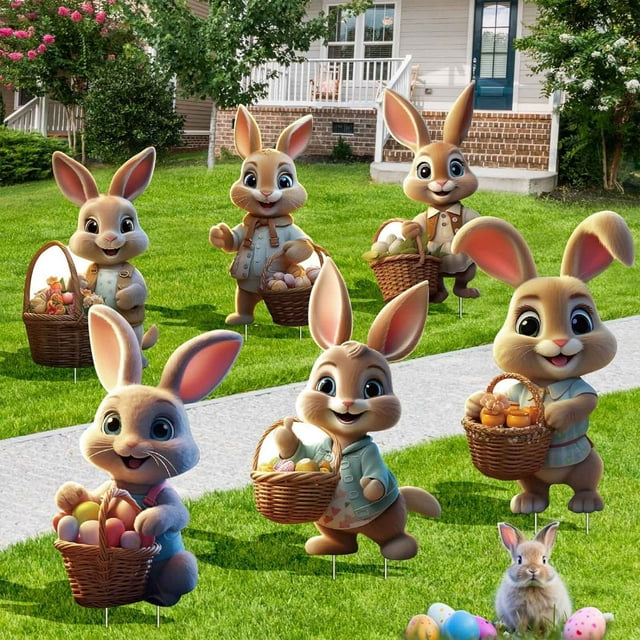 6 PCS Easter Bunny Yard Signs with Stakes, Waterproof Plastic Outdoor Garden Decorations for Lawn Flower Bed, Spring Holiday Party Porch Fence Display