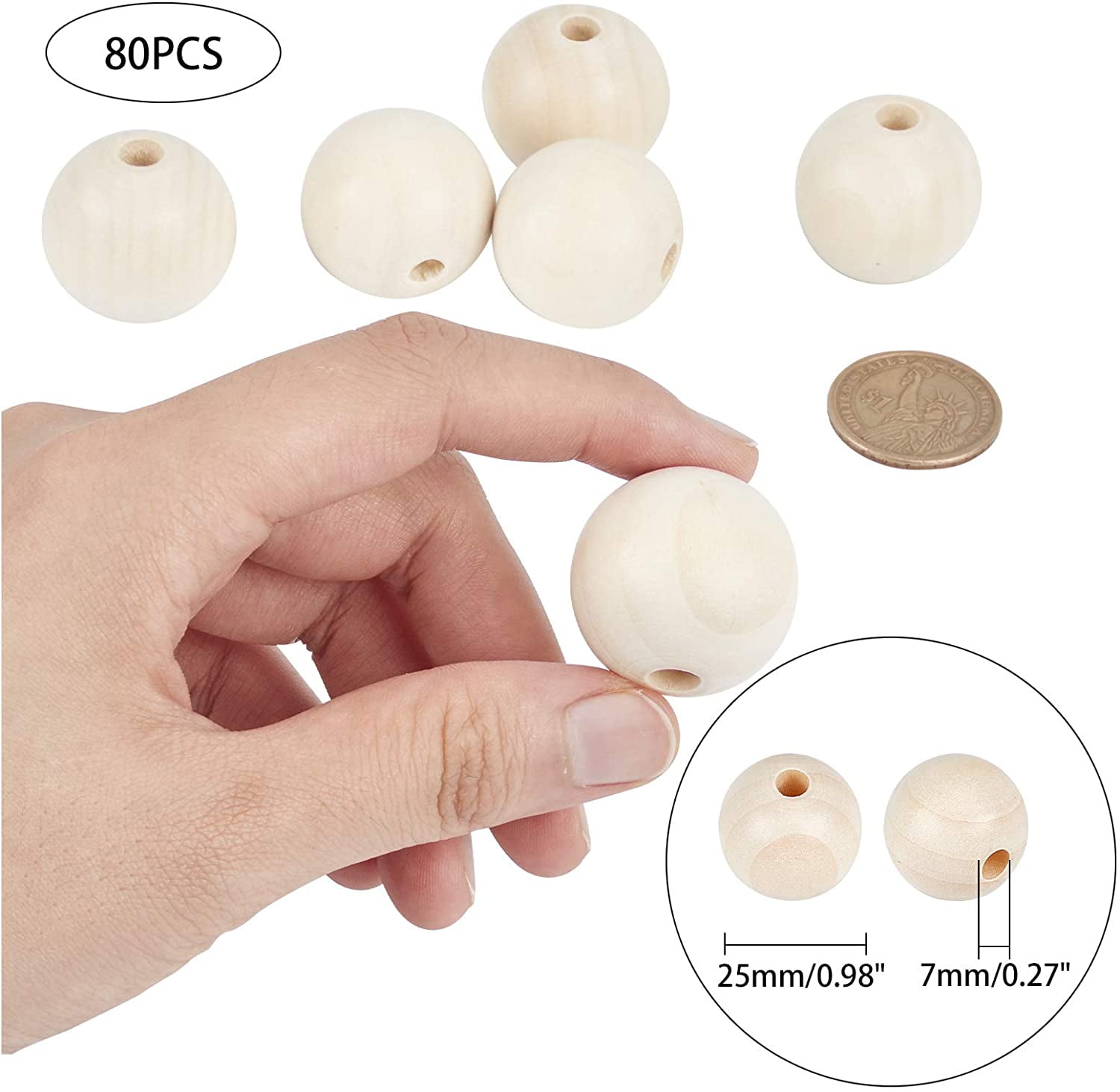 50Pcs Natural Wooden Unfinished Beads 1.18inch Diameter Wood Ball Craft Beads for Christmas Garland Tree Hanging Project