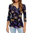 thumbnail image 4 of Mardi Gras Shirts Womens Mask Print Glitter V Neck Graphic Tee Carnival 3/4 Sleeve Green Blouse Black 3XL, 4 of 5