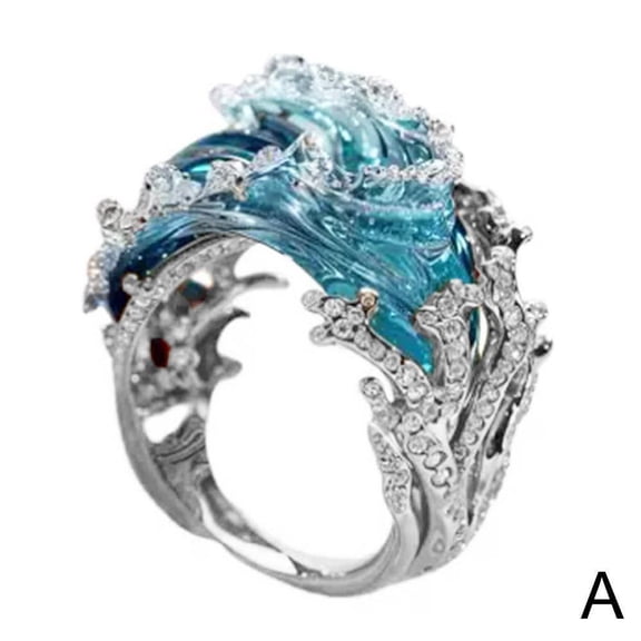 Blue Jewelry Sets for Women, Sea-oceans Oath Necklace Jewelry Set, Adjustable Heart of The Ocean Necklace//Earring, Wave Rings for Women, Inspirational Gifts for Women