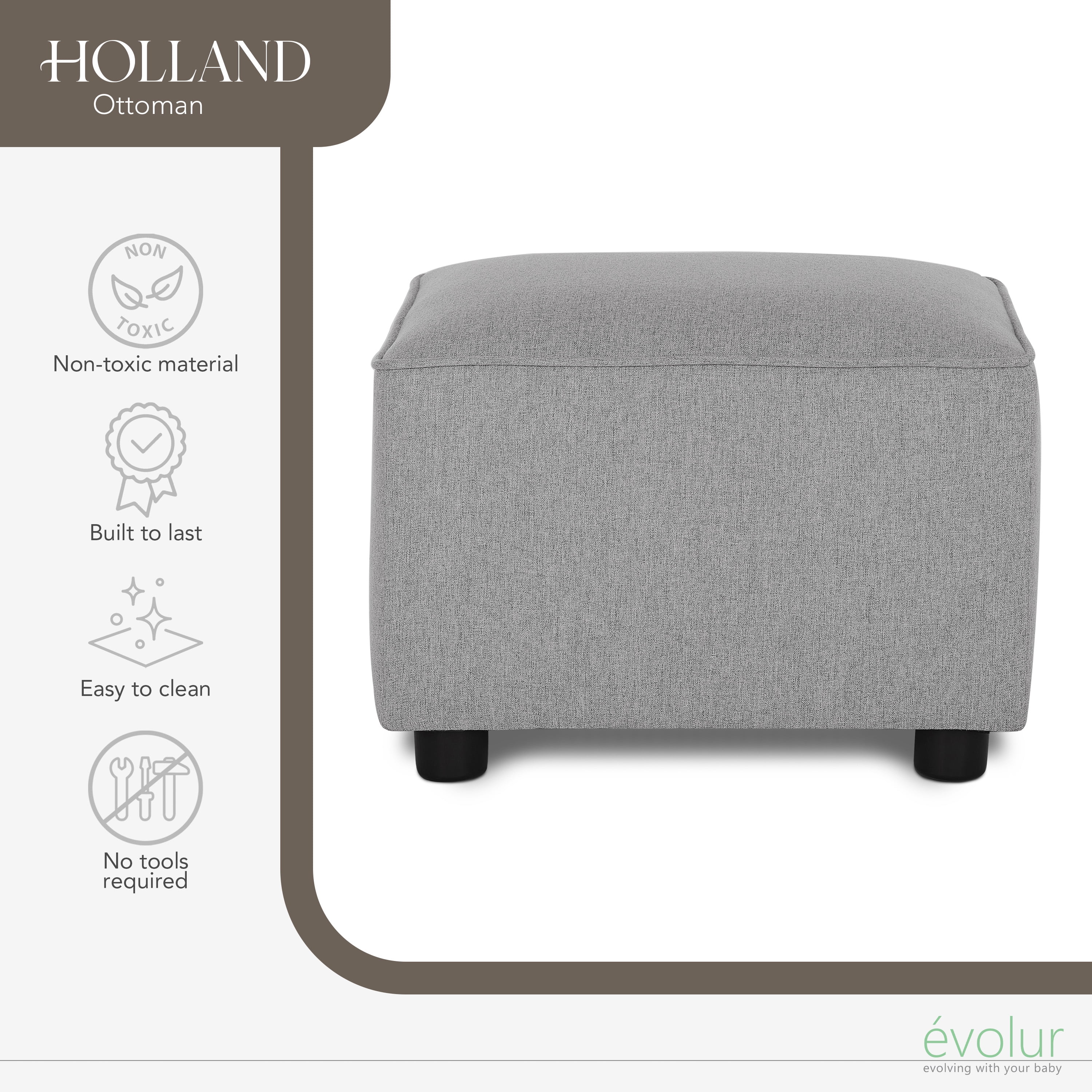 Evolur Holland Rectangular Upholstered Ottoman, Grey