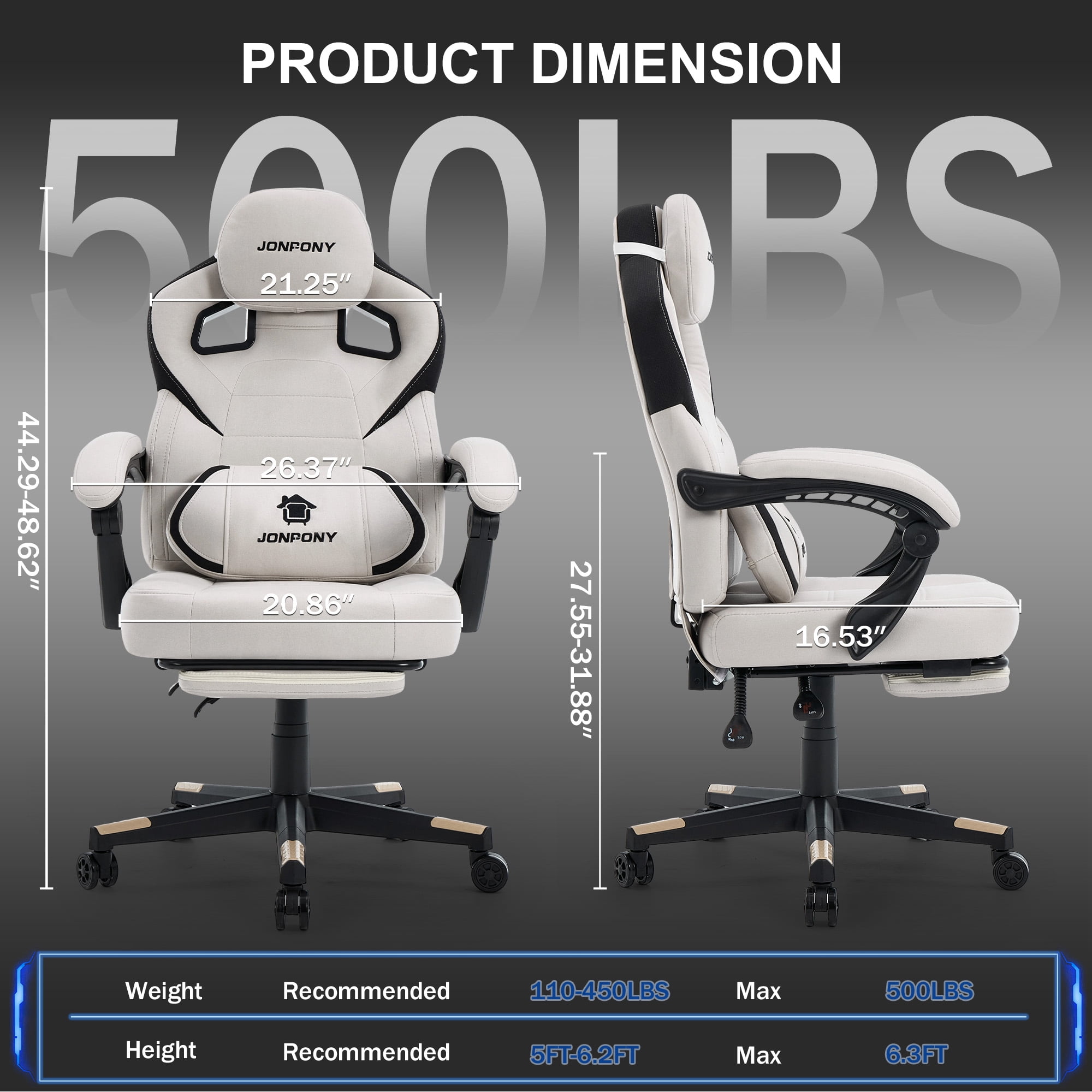 JONPONY Big and Tall Gaming Chair,Ergonomic Design with  Lumbar Cushion and Footrest,High Back Office Chair Support 8 Hours Long Sitting, Computer Chair,WHITE