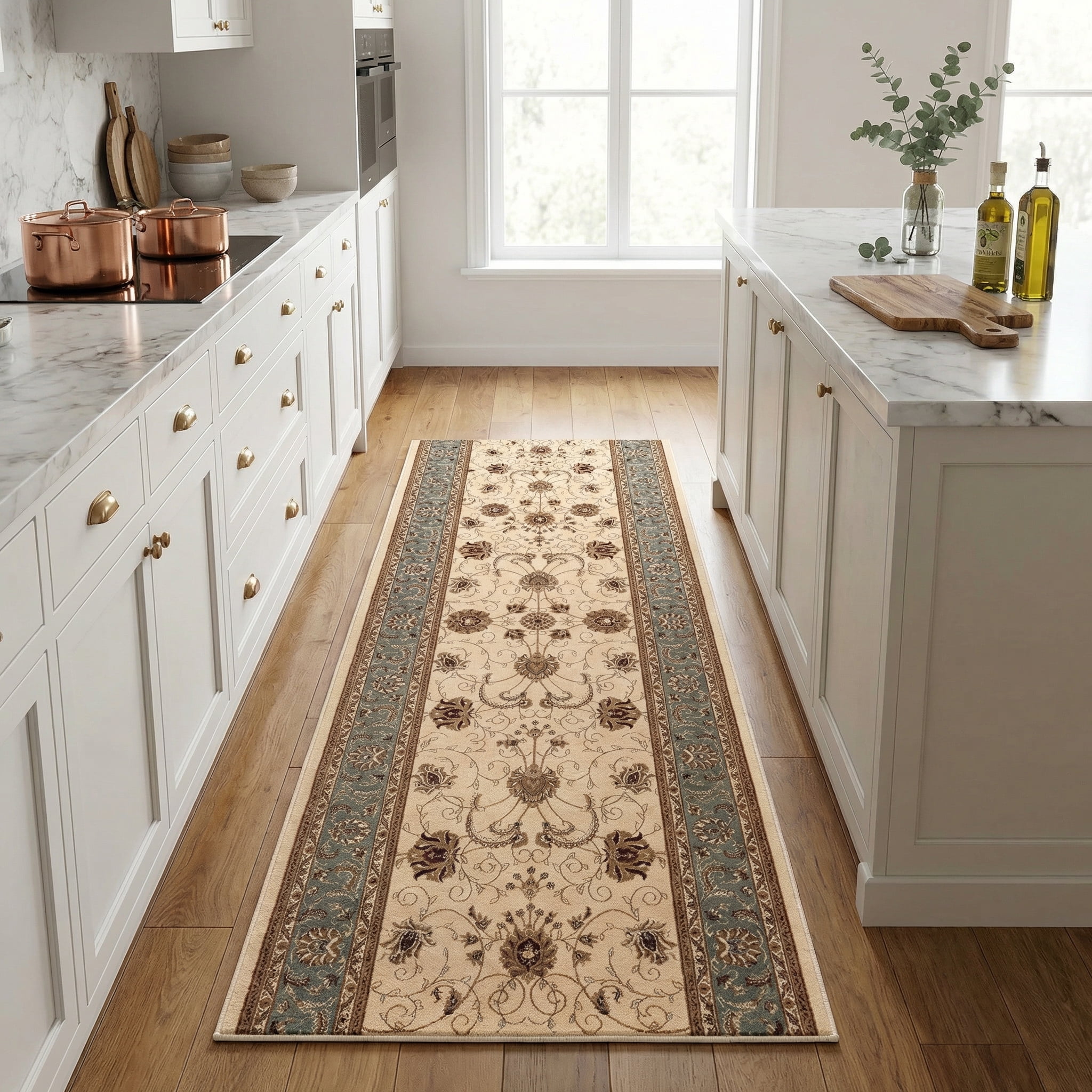 Tapis d'intérieur persan Rug Branch Majestic 2' x 12' (taille exacte : 2'3" x 12'), beige bleu, style traditionnel - Entrée, couloir, salle de bain et cuisine