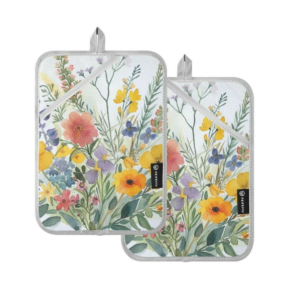 ALAZA Watercolor Wildflower and Leaves Pot Holders Set of 2 Heat Resistant Kitchen Oven Mitts