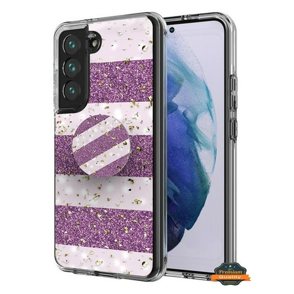For Samsung Galaxy S22 Plus Elegant Pattern Design Bling Glitter Hybrid Cases with Ring Stand Pop Up Finger Holder Phone Case Cover by Xpression [Purple White]