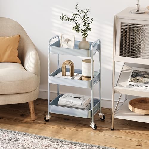 3-Tier Metal Rolling Cart with Wheels, Storage Utility Organizer Cart for Kitchen, Bathroom, Office, Baby Essentials & Makeup - Lockable Casters, Easy Assembly, Large Capacity, Green