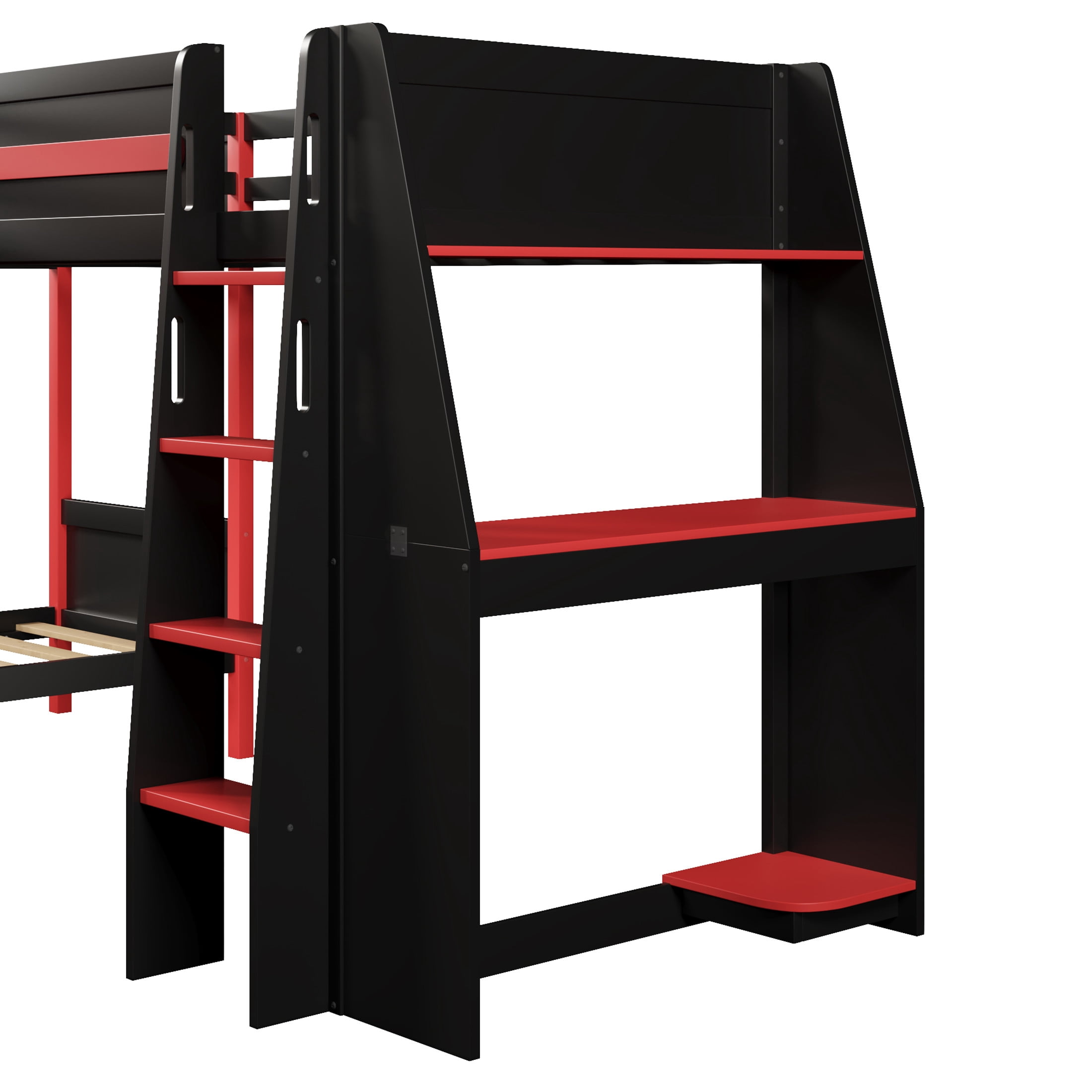 Noble House Renee L-Shaped Twin Bunk Bed with Gaming Loft and Desk, LED Lights and Shelves, Black and Red