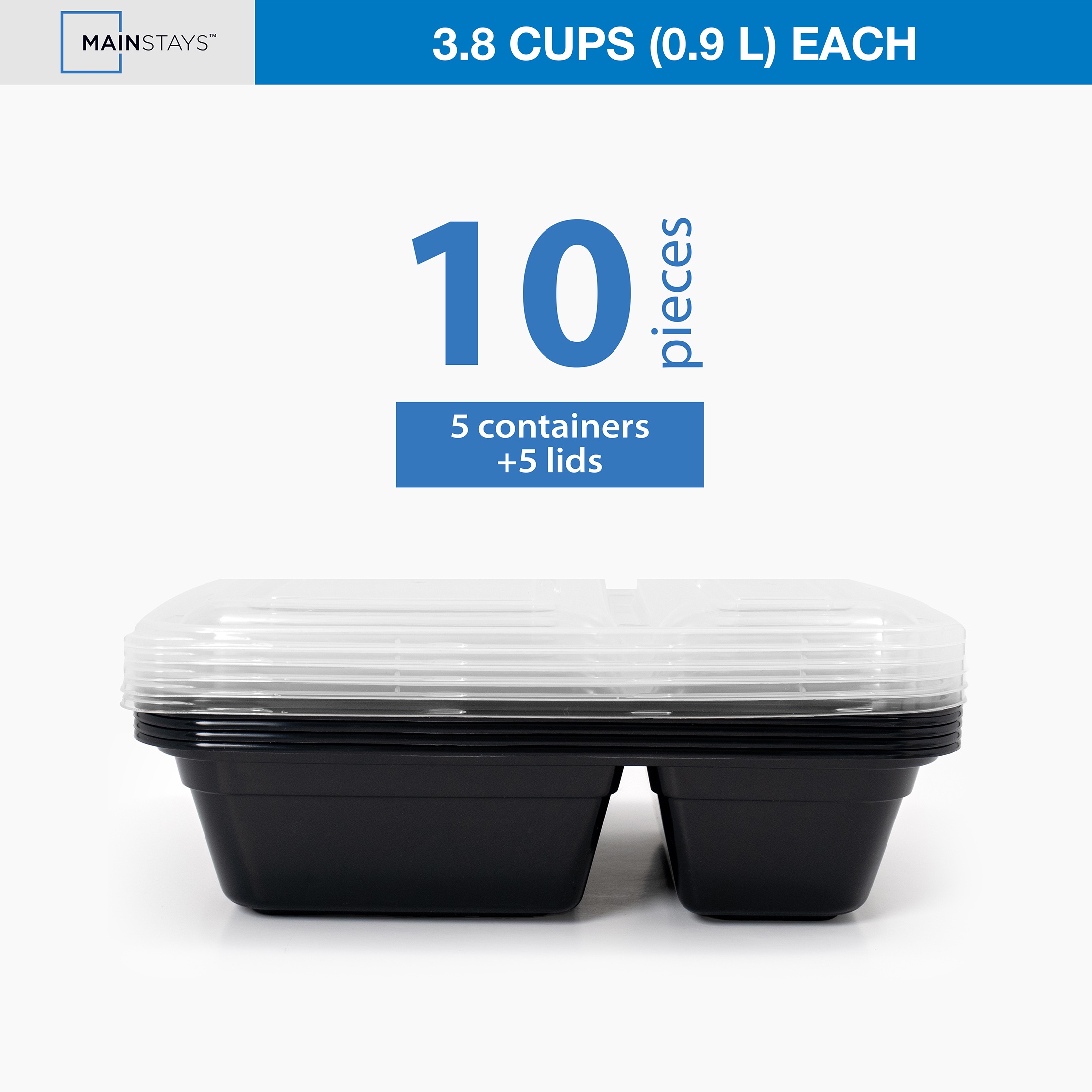 Mainstays 10-Piece (5 Containers + 5 Lids) with 2 Compartments Meal Prep, BPA-Free, Leak-Resistant, Microwave and Dishwasher Safe