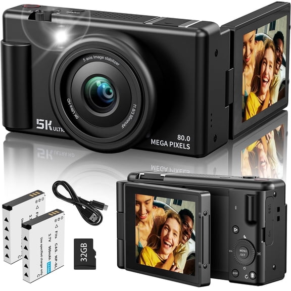 5K Digital Camera for Photography, 80MP Vlogging Camera with 18X Zoom, 270° Flip Screen, 5-Axis Anti-Shake, 32GB SD Card & 2 Batteries