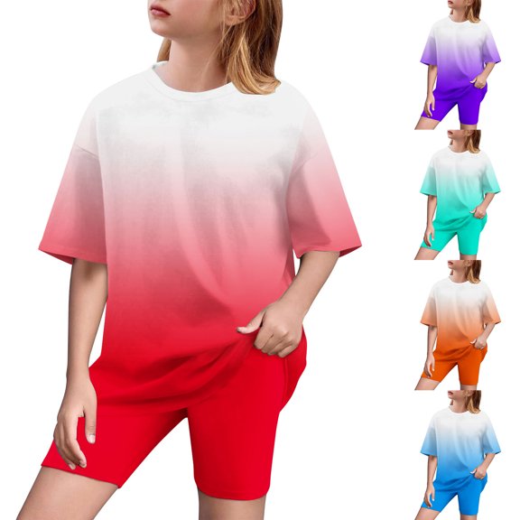 Mgmyaa Unisex Kids Gradient Print Loose Short Sleeve Crew Neck Top and Yoga Shorts 2-Piece Sports Set for Kids Ages 5-15