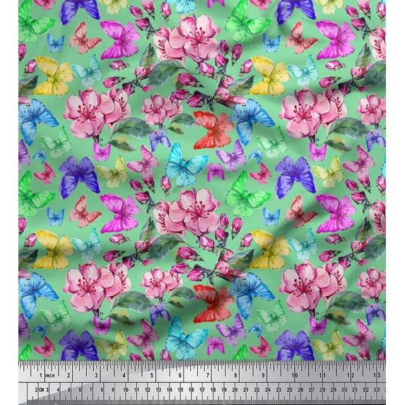Soimoi Green Poly Georgette Fabric Leaves,Pink Flower & Butterfly Decor Fabric Printed BTY 52 Inch Wide