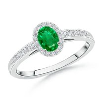 ANGARA Natural Classic Oval Emerald Halo Ring with Diamond Accents in 14K White Gold for Women (Size-5x3mm) | May Birthstone, Birthday, Anniversary, Jewelry Gift for Women | Natural Emerald Ring