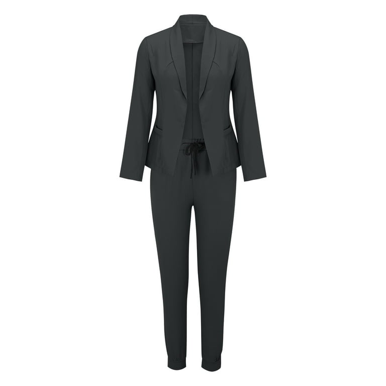 JGGSPWM Women Two Piece Outfits Business Casual Solid Open Front Blazer  Jacket and Pencil Pants Elegant Office Work Suits Set Dark Gray M 