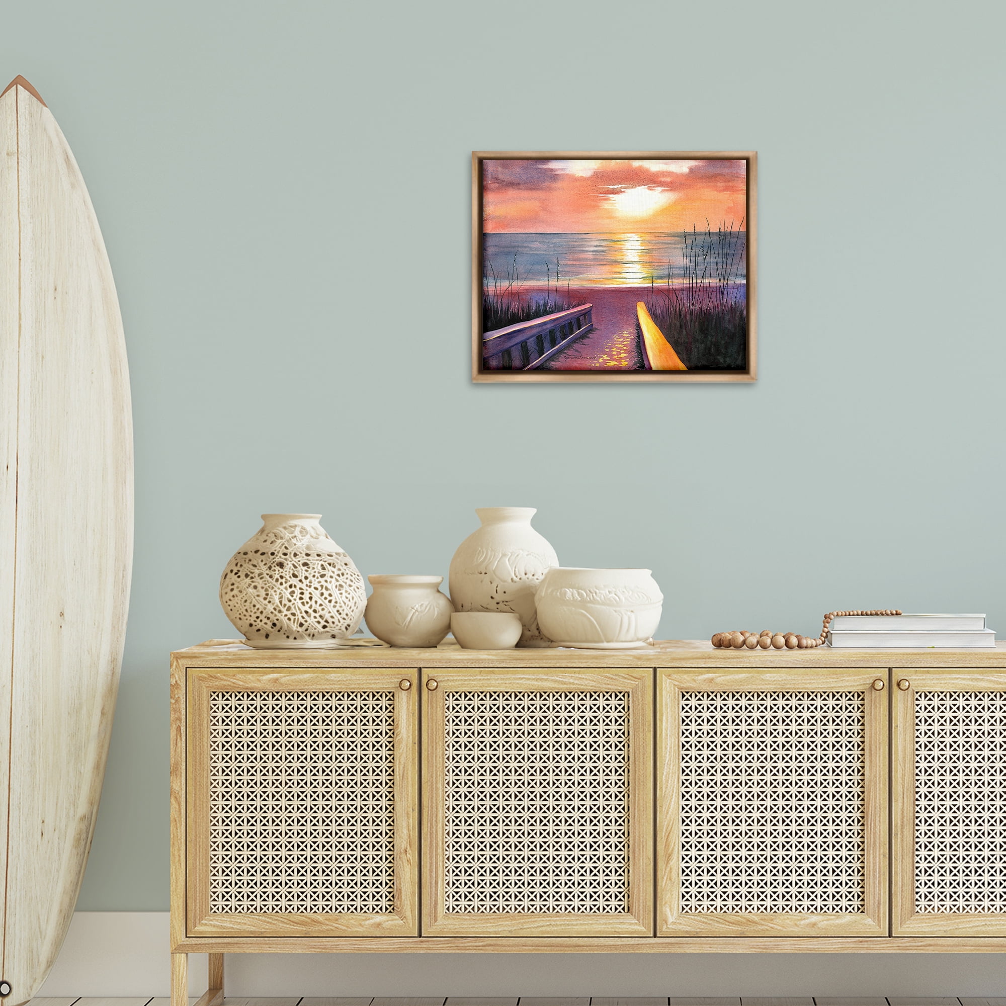 Stupell Industries Sea Sunset Reflection Landscape Painting Brown Floater Framed Canvas Art Print Wall Art, 21 x 17