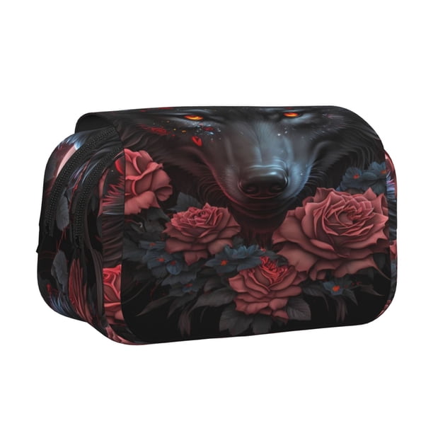 Easygdp Rose Full Moon Black Wolf para Estuche de Lápices con Tapa Flip, Suministros de Oficina y Universidad para Adolescentes y Adultos
