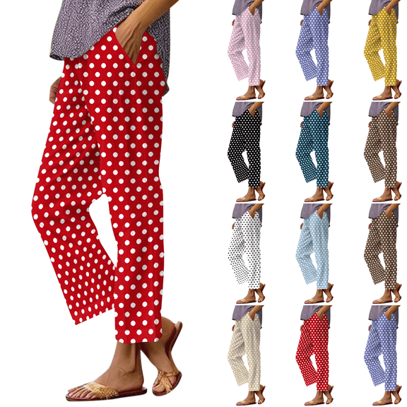 Linen Pants Women Polka Dot Print Elastic Waist Straight Leg Petite Beach Striped Pant Summer Casual Lounge Trousers