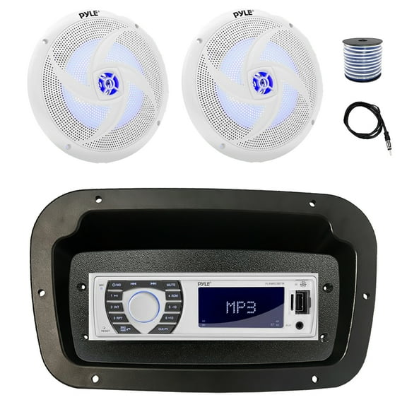 Pyle PLRMR23BTW Single DIN Bluetooth Marine MP3 Stereo Receiver, Spa bezel, Adapter Plate, 22" Radio Antenna, Wire, 2x 8'' 320 Watt Max 2-Way Blue Flashing LED Boat Audio Speakers (White)