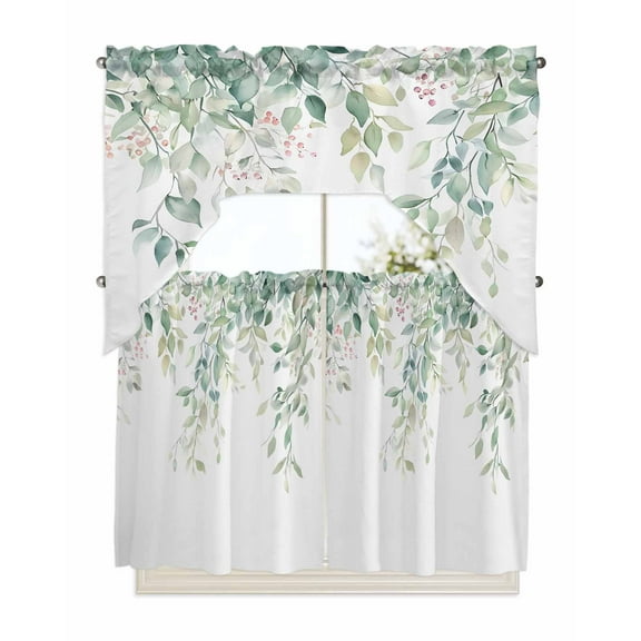 Eucalyptus Leaves Swag Valance and Tier Curtains 36'' Length Set, Sage Green Botanical Spring Summer Light Filtering Kitchen Curtains, Tier Curtain Valances for Bathroom/Living Room/Bedroom/Café