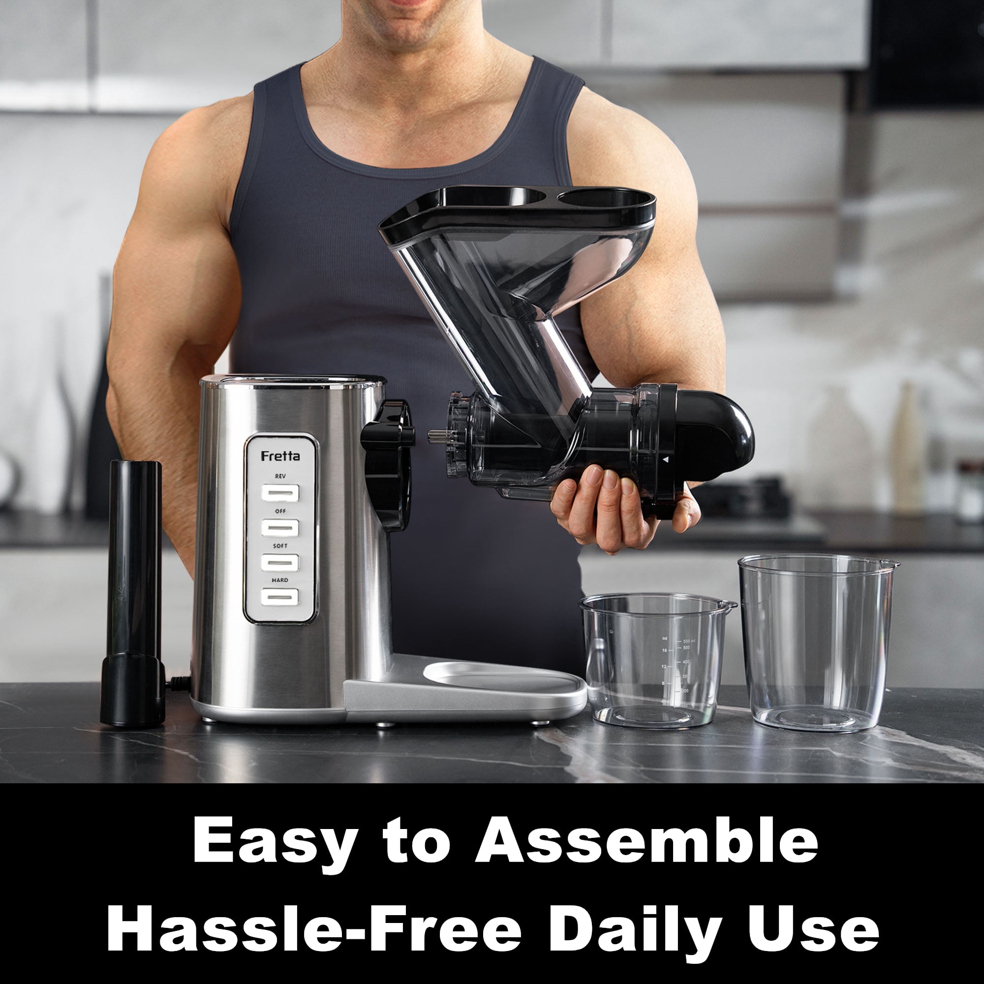 Fretta Juicer Machines,Cold Press Juicer with American-Sourced PCTG Material,3-Inch Wide Feed Chute Fits Whole Fruits & Vegetables,Stainless Steel & Easy to Clean,Quiet 200W DC Power