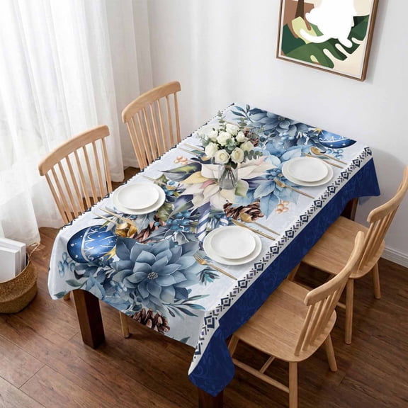 Navy Blue Christmas Table Cloth Waterproof Tablecloths, Poinsettia Xmas Ball Berry Winter Tablecloth Dining Table Cover for Kitchen Party Tabletop Outdoor, Rectangle Tablecloth 52x70 Inch