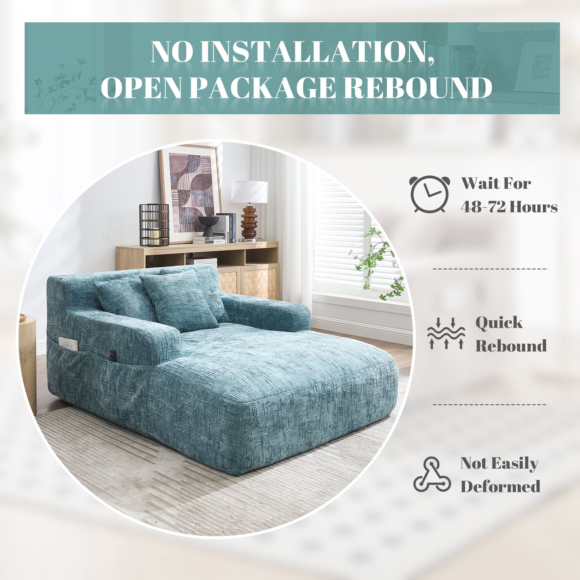 MOONMISS Chenille Upholstered Deep Seat Bean Bag Lazy Sleeping Sofa Chair with Three Pillows and Side Pocket-Mint Blue