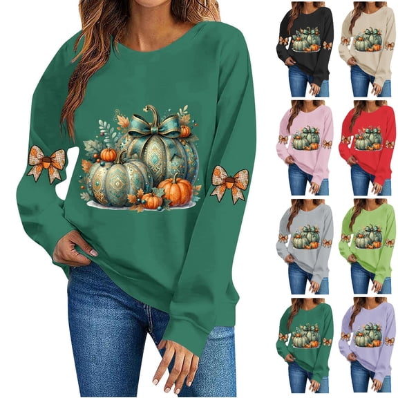 DeeHomeMo Women Round Neck Pullover Sweatshirt, Long Sleeve Pumpkin Bow Graphic Loose Fit Top, Ribbed Hem Cuffs Soft Sweatshirt Fabric for Fall Family Gathering Army Green,L