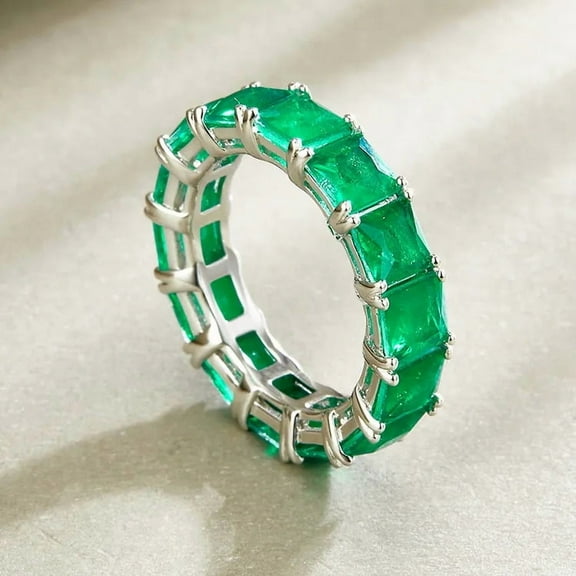 Elegant Princess-Cut Lab-Created Emerald Full Eternity Wedding Band Ring in 925 Sterling Silver – Timeless Beauty for Her
