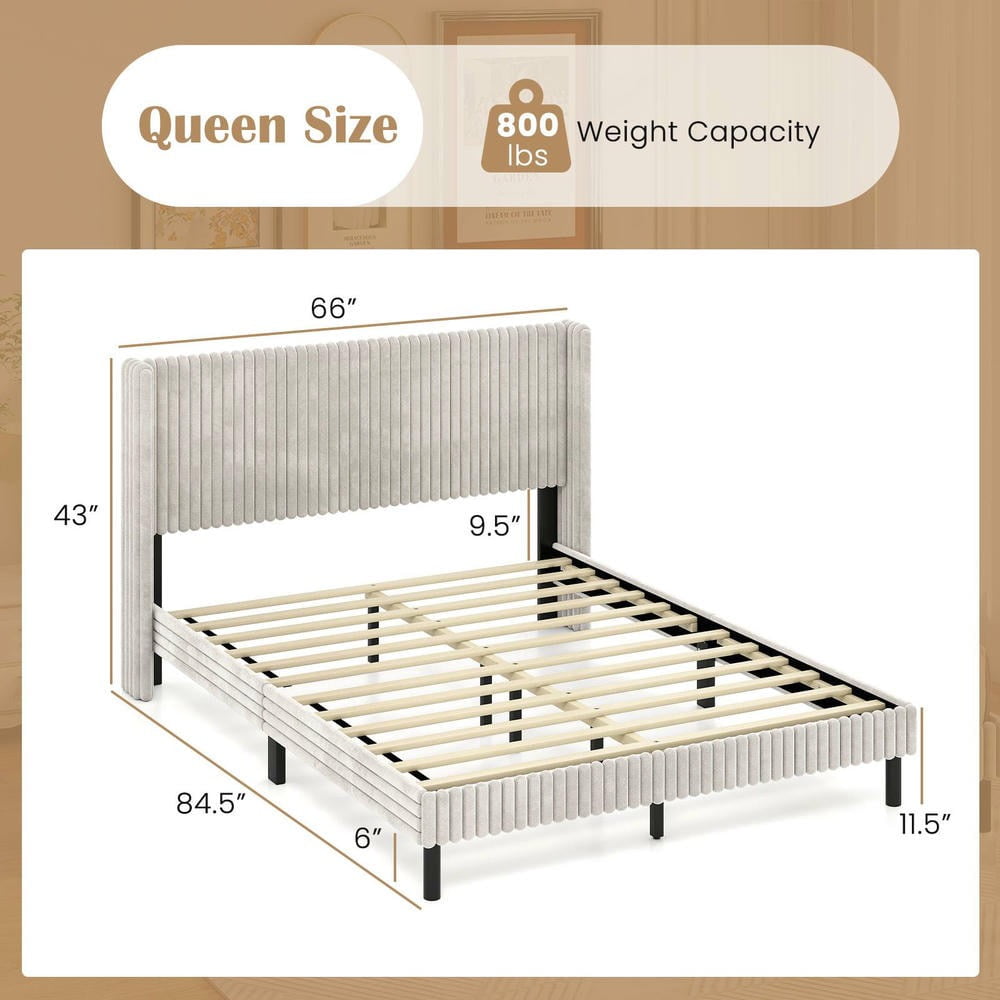 Barara King Queen Size Velvet Bedroom Bed Frame with Vertical Channel Tufted Wingback Headboard, Bed Platform Frame for Apartment, Bedroom, White
