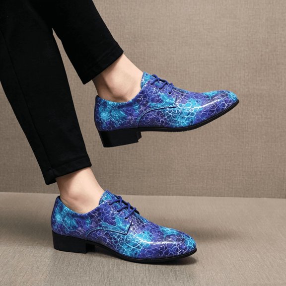 Men's Blue Galaxy Cracked Print Oxford Shoes Low Heel Shiny Lace Up Fashion Party Stage Formal Leather Shoes