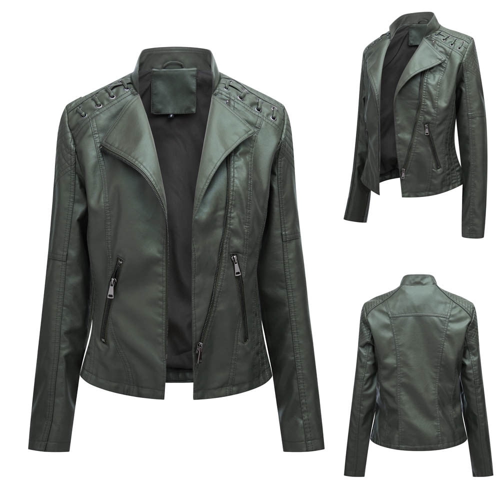 QATAINLAV Women's Faux Leather Moto Jacket Casual Short Solid Color Biker Coat Ladies Zip Up Open Front Lapel Motorcycle Outwear with Pockets, Army Green, L