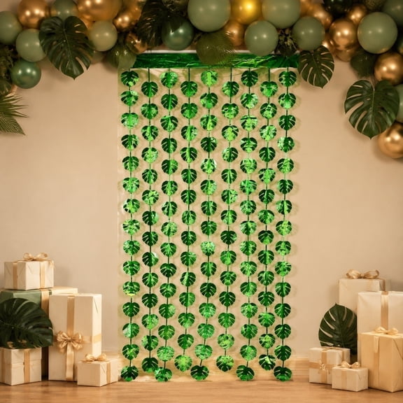 Darzheoy Tropical Luau Party Curtain, Foil Fringe Monstera Leaf Door Backdrop with Tinsel Streamer, Tropical Hawaiian Luau Party Decoration for Photo Booth, Party, Home, Wall, Doorway