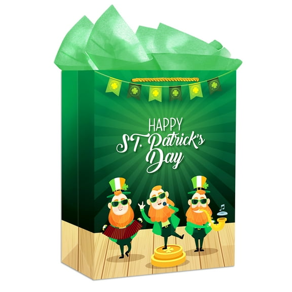 WaaHome Happy St. Patrick's Day Paper Gift Bags with Handle 11.5" Large Irish Lucky Shamrock Gift Bags with Tissue Paper Green Clover Wrapping Gift Bags for Kids St. Patrick's Day Party Favor Supplies